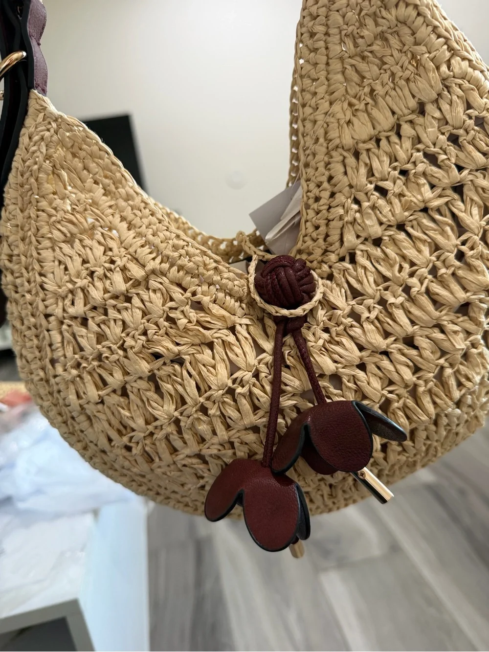 H&M Natural Straw Crescent Shoulder Bag with Dark Brown Trim